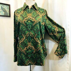 Jones New York Signature Woman Dark Green Paisley Print Cotton Shirt Size 1X